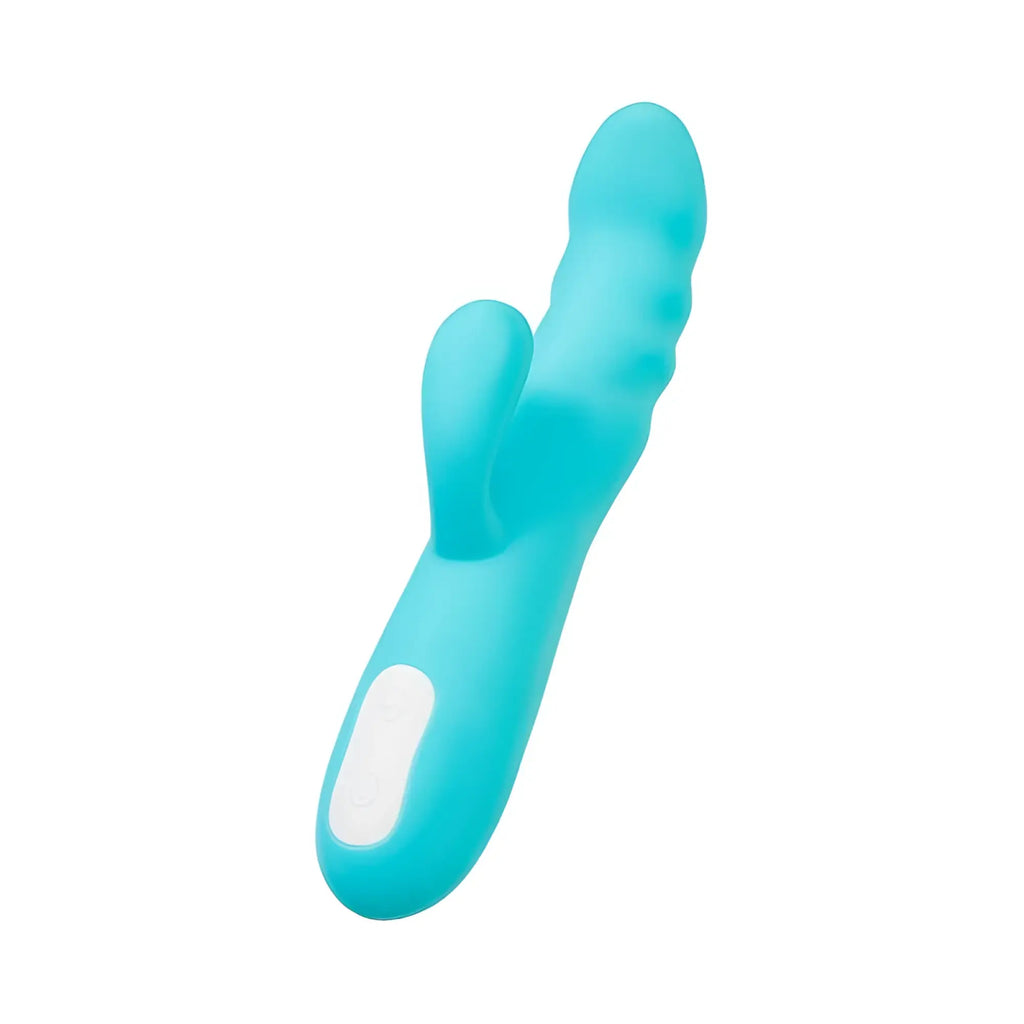 A sleek turquoise silicone jos jos merry swirl rotating shaft rabbit vibrator with a white control panel on the handle