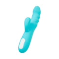 A sleek turquoise silicone jos jos merry swirl rotating shaft rabbit vibrator with a white control panel on the handle