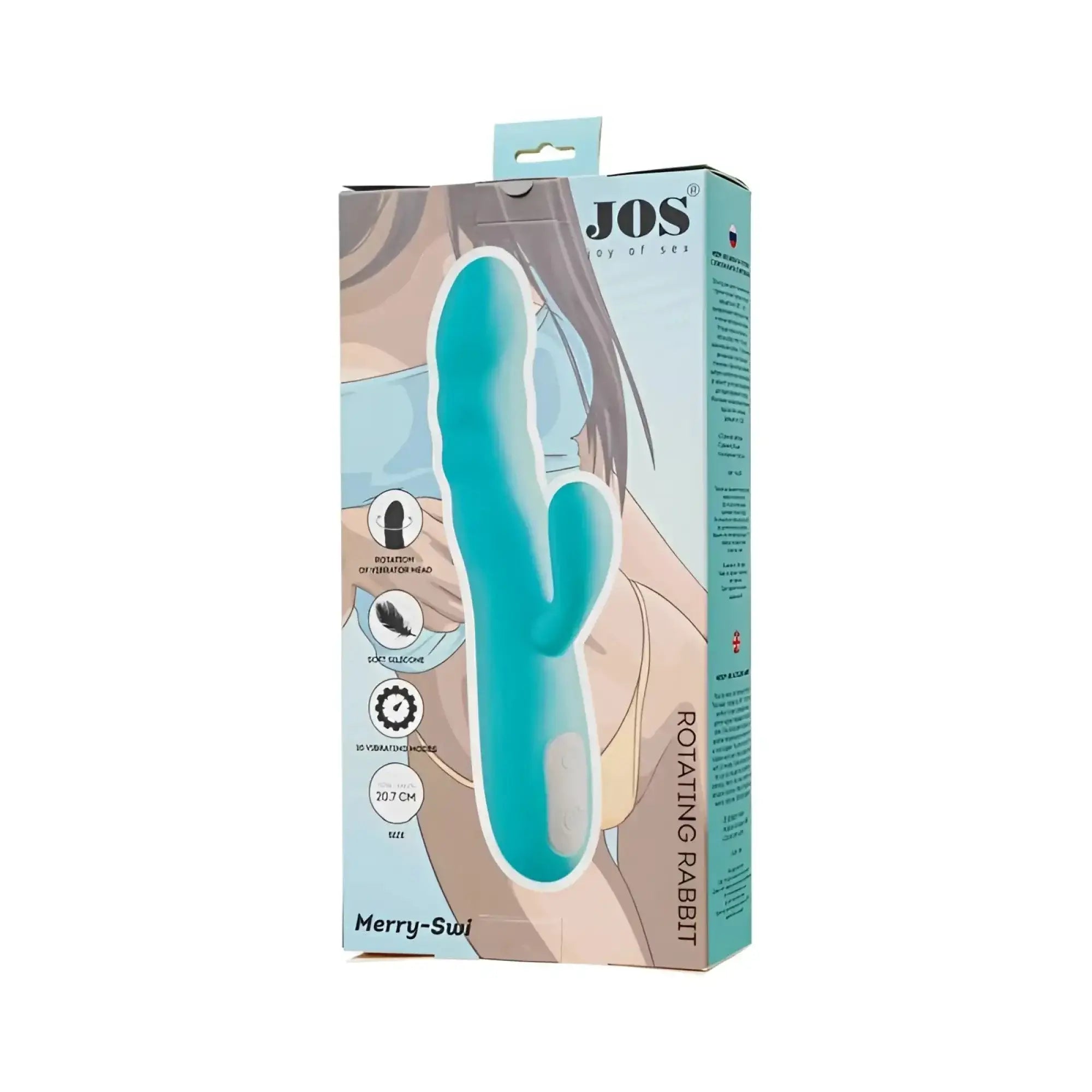 Teal silicone rotating rabbit vibrator in jos brand package designed for versatile personal pleasure use