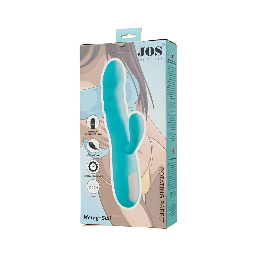 Teal silicone rotating rabbit vibrator in jos brand package designed for versatile personal pleasure use