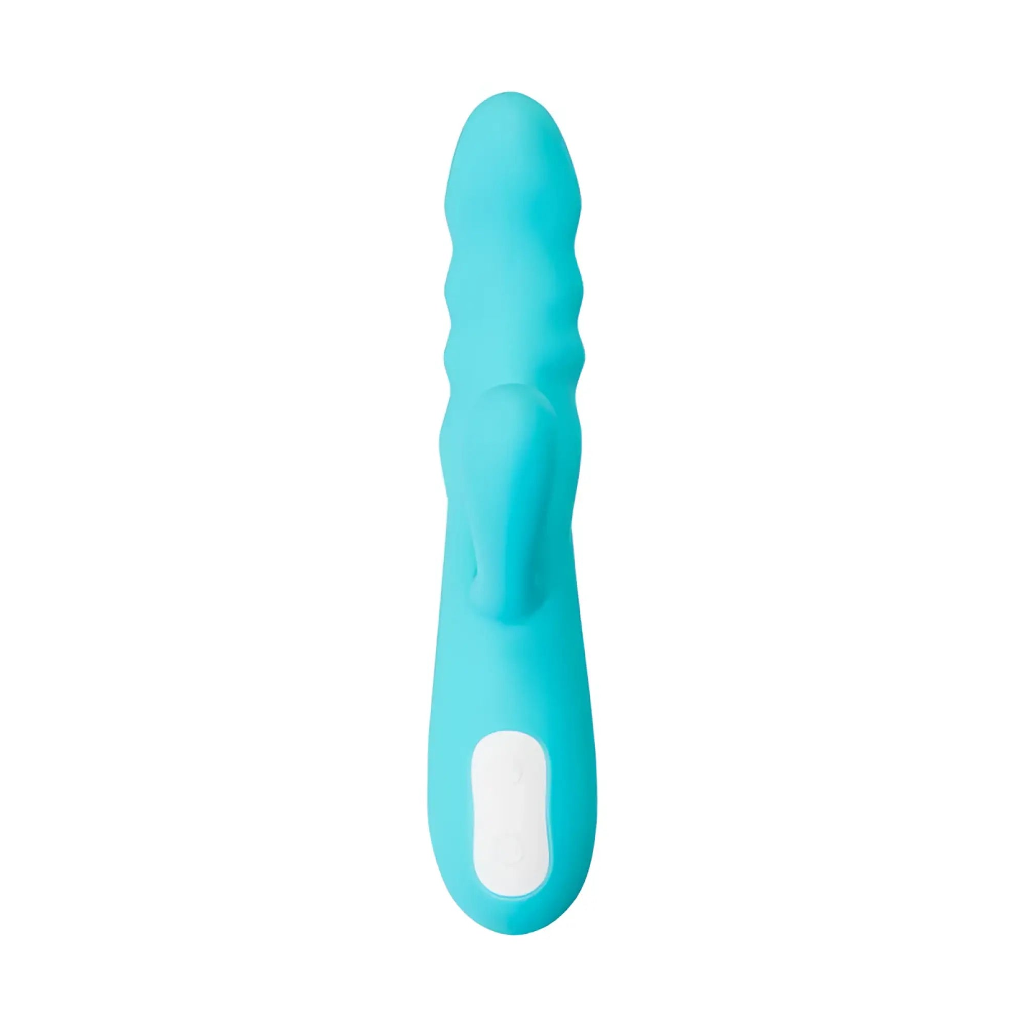 Turquoise silicone jos jos merry swirl rotating shaft rabbit vibrator with white oval button on handle