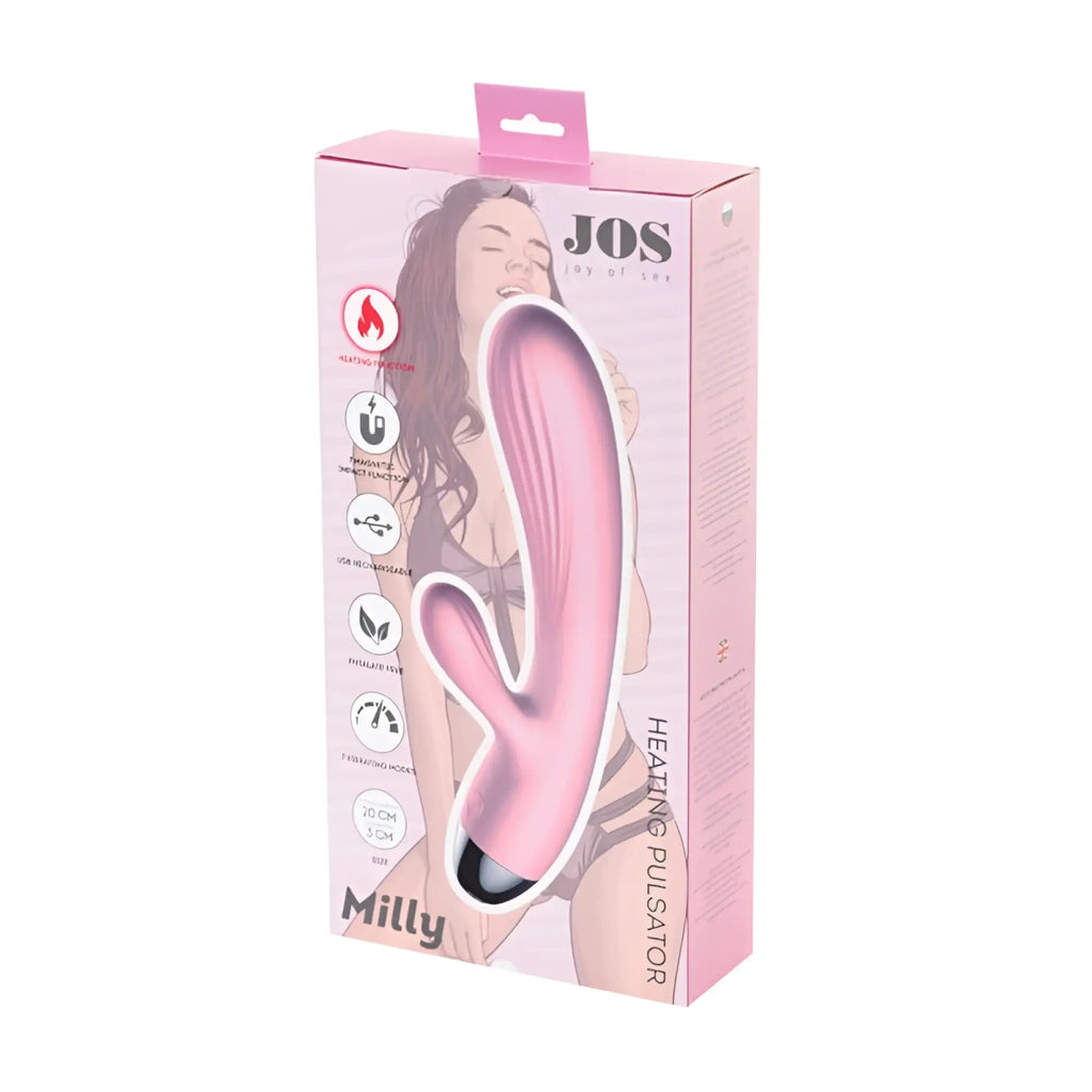 Pink silicone heating pulsator with a black tip branded as milly by jos in the jos jos milly heating vibrator product