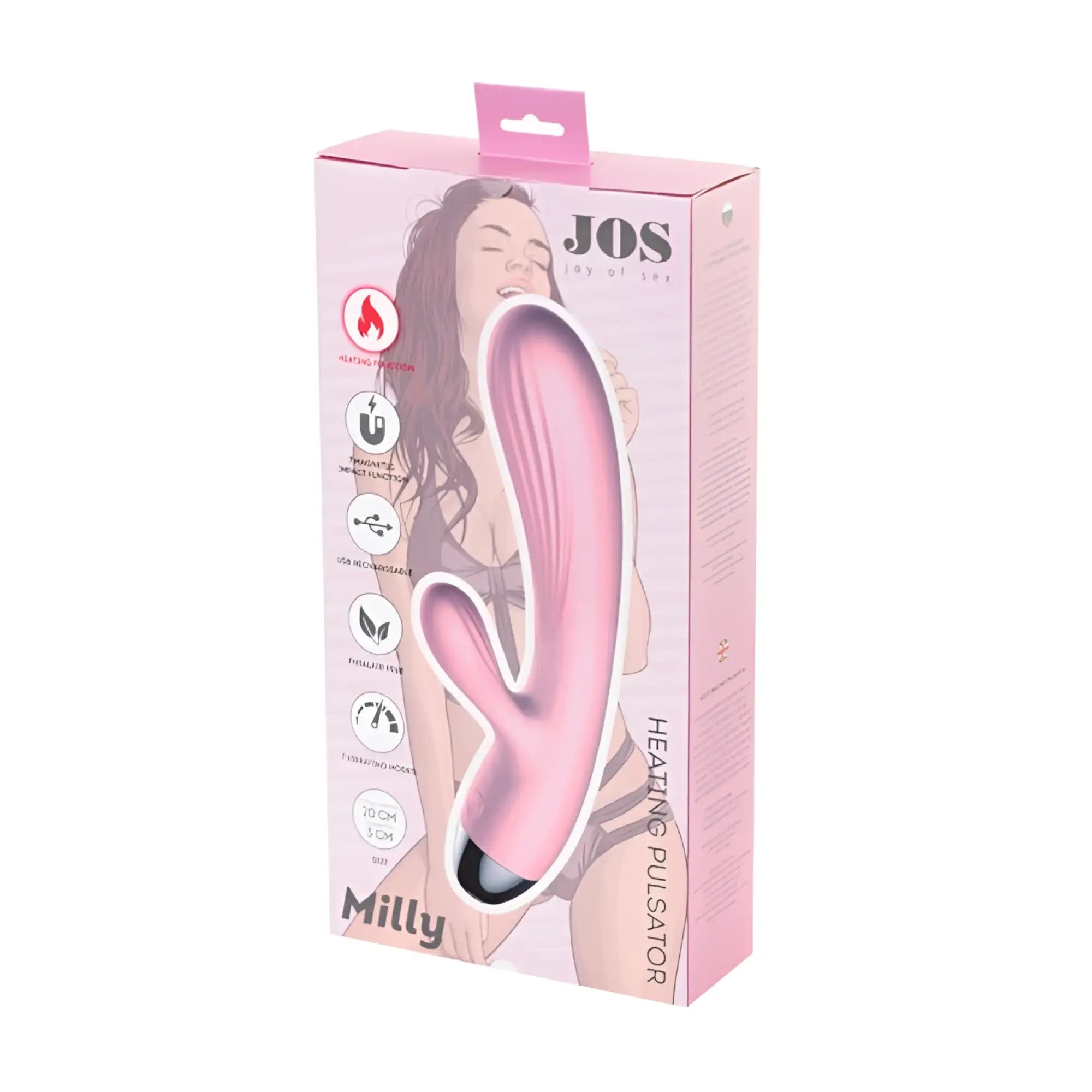 Pink silicone heating pulsator with a black tip branded as milly by jos in the jos jos milly heating vibrator product