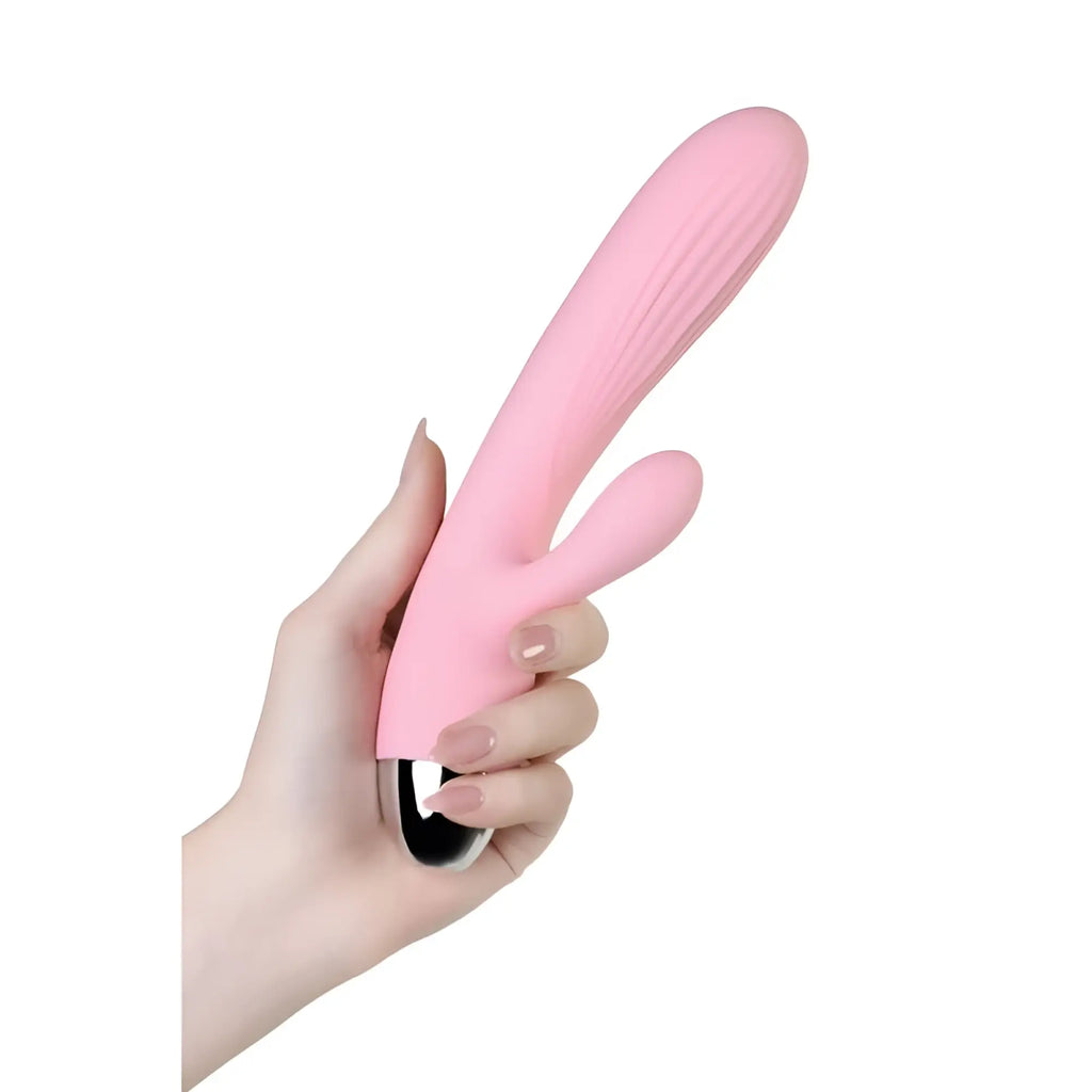 Pink silicone rabbit-shaped jos jos milly heating vibrator with metallic silver base for personal use