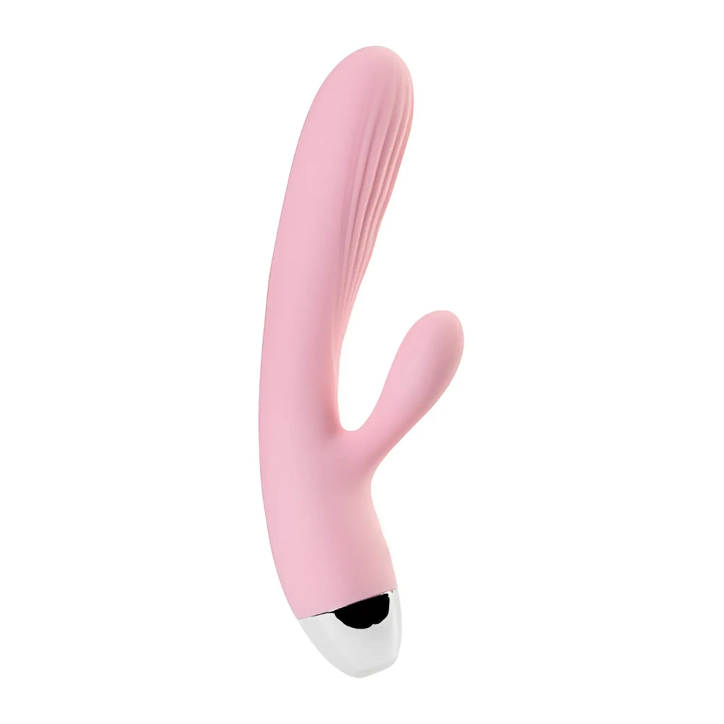 Pink silicone rabbit-shaped vibrator with silver metallic tip for heating by jos jos milly heating vibrator