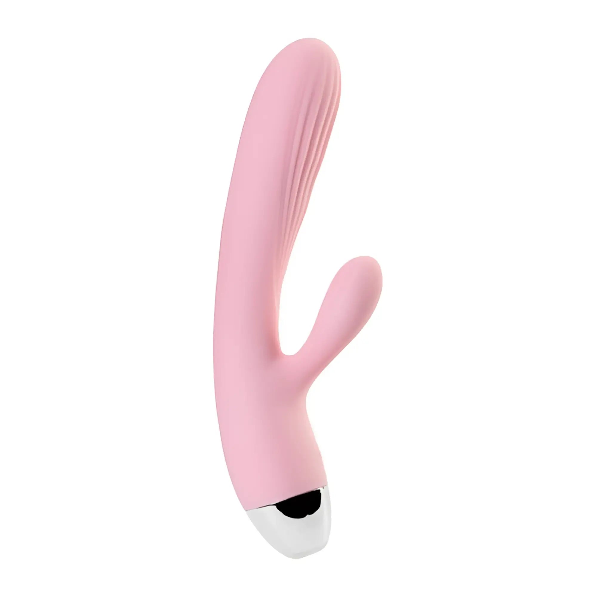 Pink silicone rabbit-shaped vibrator with silver metallic tip for heating by jos jos milly heating vibrator