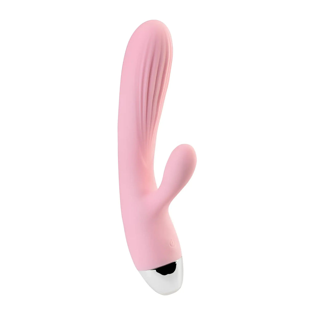 Pink silicone rabbit-shaped vibrator with silver metallic tip jOS jOS Milly heating vibrator for personal use