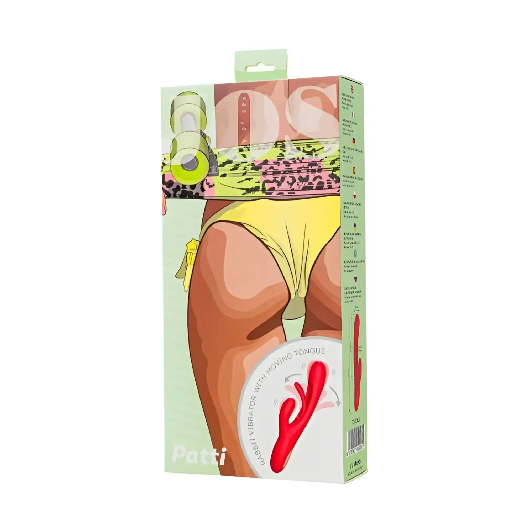 Red silicone jos jos patti moving tongue rabbit vibrator in colorful box with illustrated woman in yellow bikini bottoms