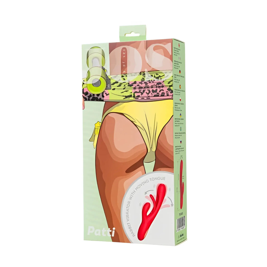 Red silicone jos jos patti moving tongue rabbit vibrator in colorful box with illustrated woman in yellow bikini bottoms