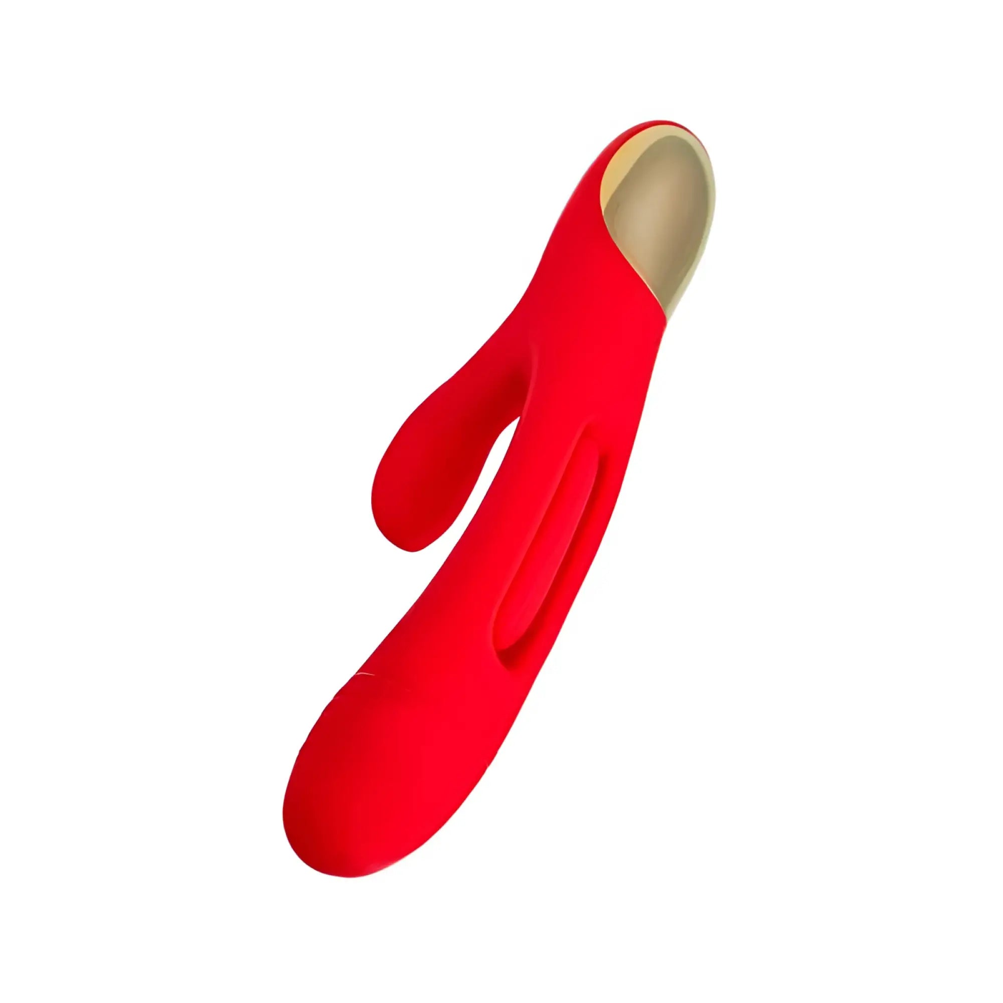 Red silicone rabbit-shaped vibrator with beige interior lining from jos jos patti moving tongue rabbit vibrator red collection