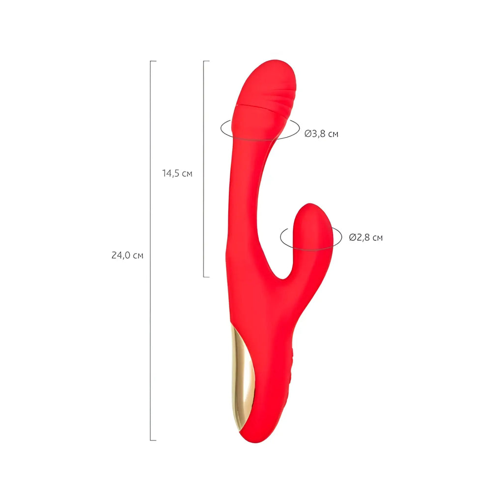 Red silicone jos jos patti moving tongue rabbit vibrator with gold metallic base and two curved tapered ends