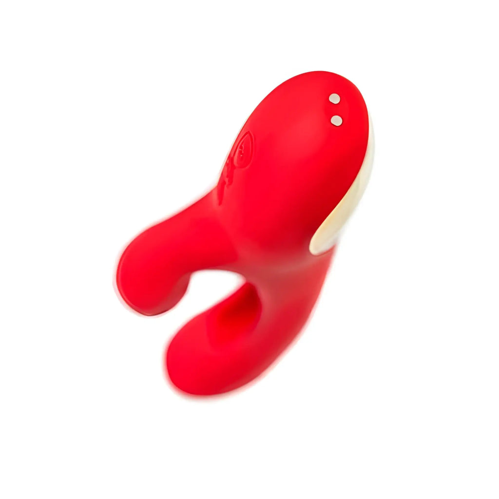 Red silicone jos jos patti moving tongue rabbit vibrator with white accents and two small buttons on top