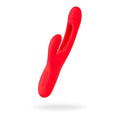 Vibrant red silicone jos jos patti moving tongue rabbit vibrator with three textured control buttons on handle