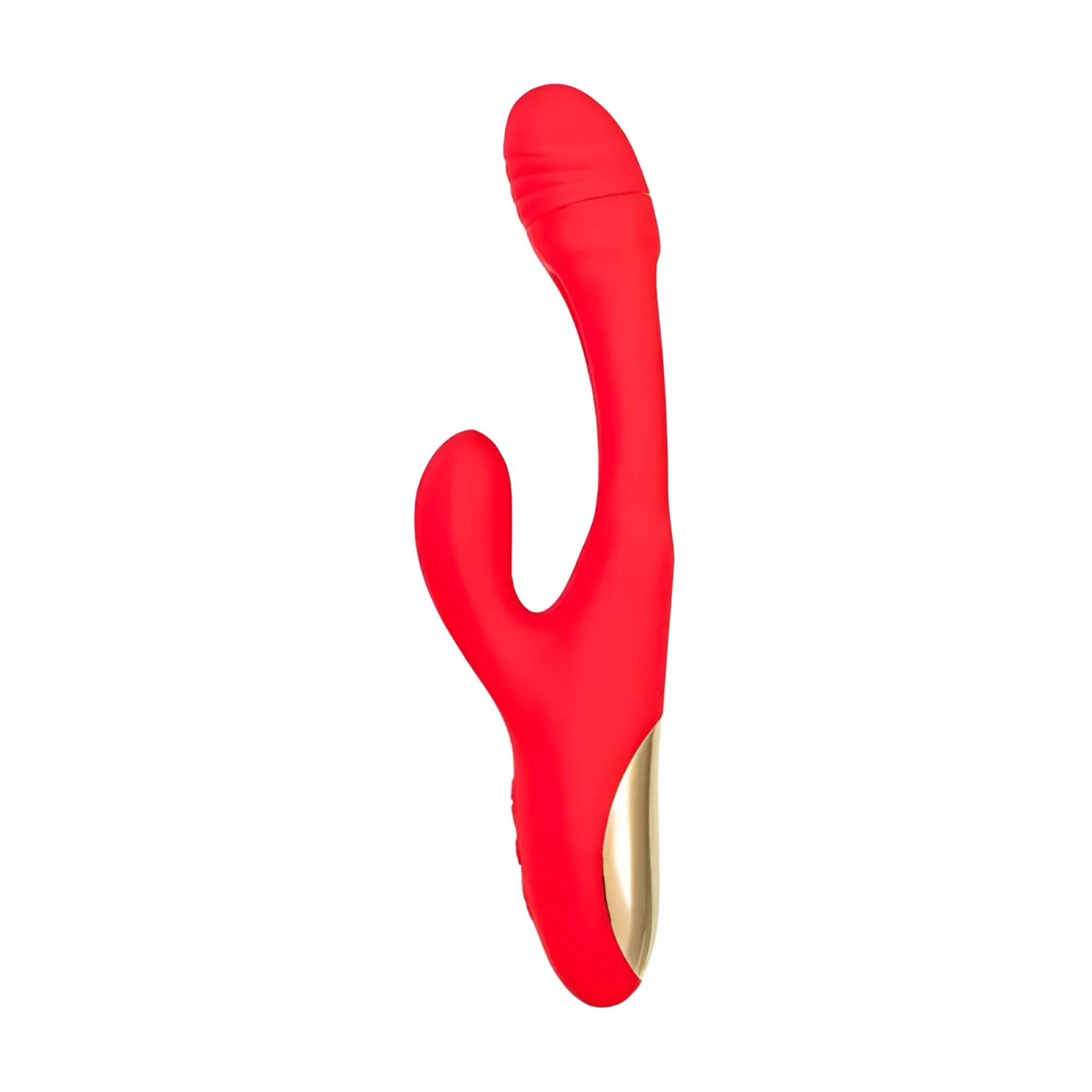 Vibrant red silicone jos jos patti moving tongue rabbit vibrator with gold metallic accent at the base