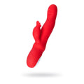 Red silicone rabbit-shaped vibrator with heating rotating features and three control buttons on the handle