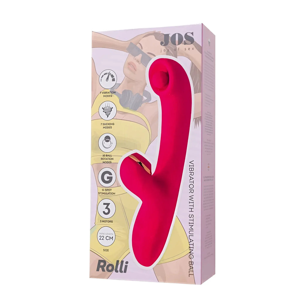 Pink silicone rolli vibrator by jos with vibrating stimulating ball and vacuum clitoral stimulator
