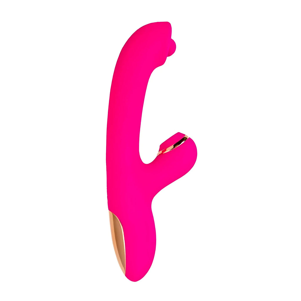 Vibrant pink silicone rabbit-shaped jos jos rolli stimulating ball vibrator with rose gold accents and vacuum clitoral stimulator