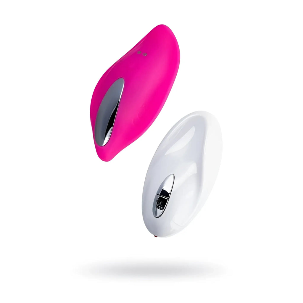 Fuchsia and white silicone JOS JOS Rumba wearable vibrators with metallic silver accents for discreet pleasure