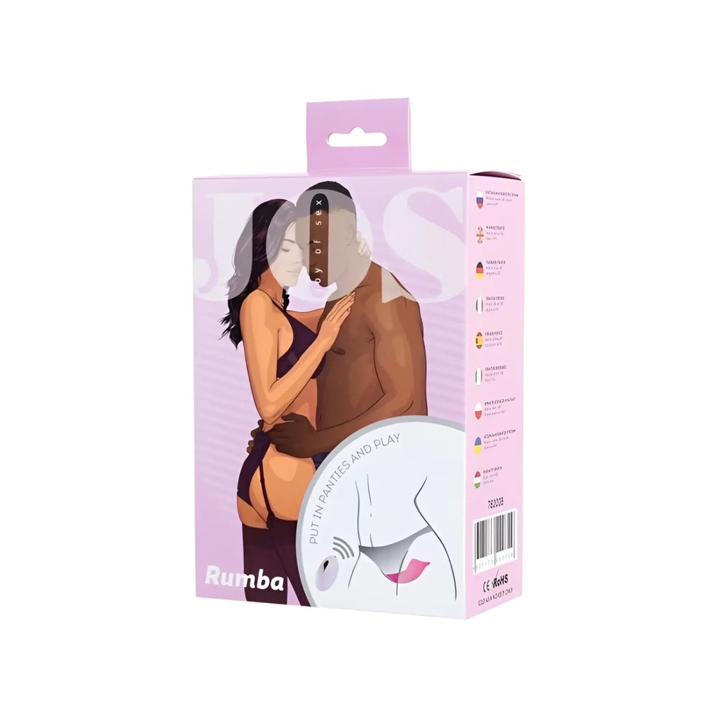 Pink cardboard box of rumba brand wireless wearable vibrator featuring illustrated couple and product placement diagram