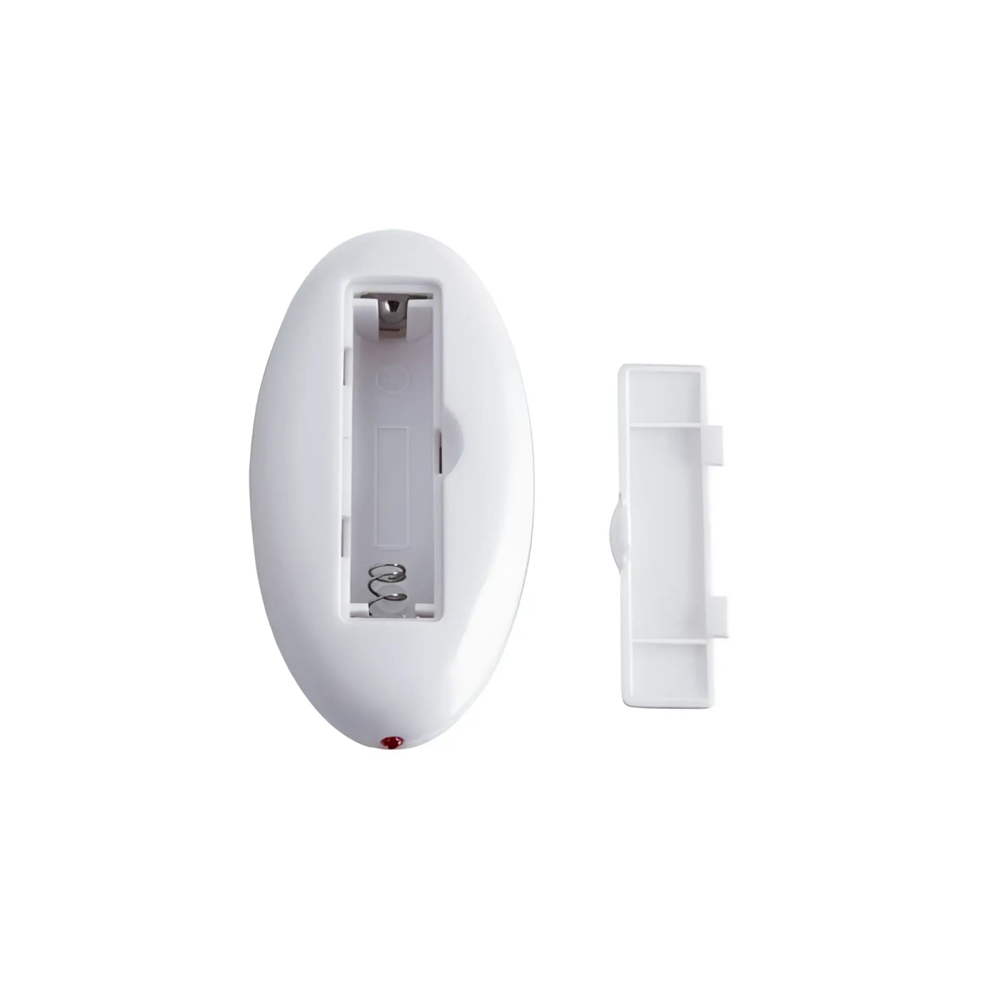 White oval battery compartment cover with matching lid on the back of jos jos rumba wearable vibrator for easy access