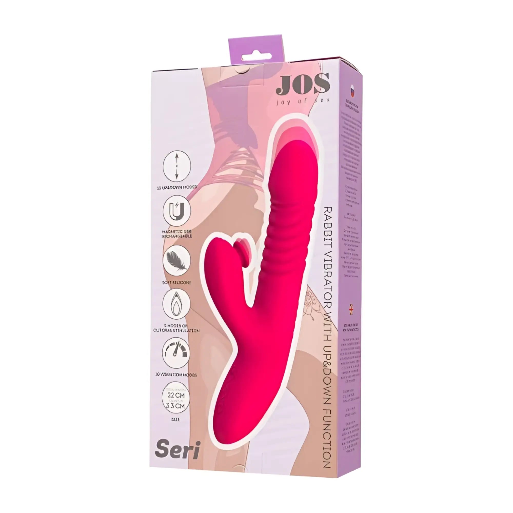 Bright pink jos jos seri thrusting vibrator with clitoral stimulator pad made of soft silicone and usb rechargeable design