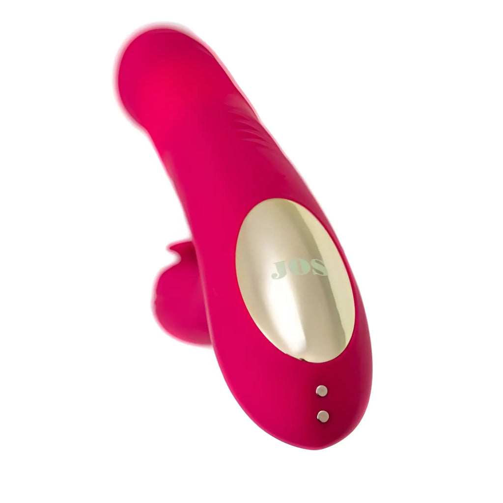 Vibrant pink jos jos seri thrusting vibrator with clitoral stimulator pad and metallic gold control panel
