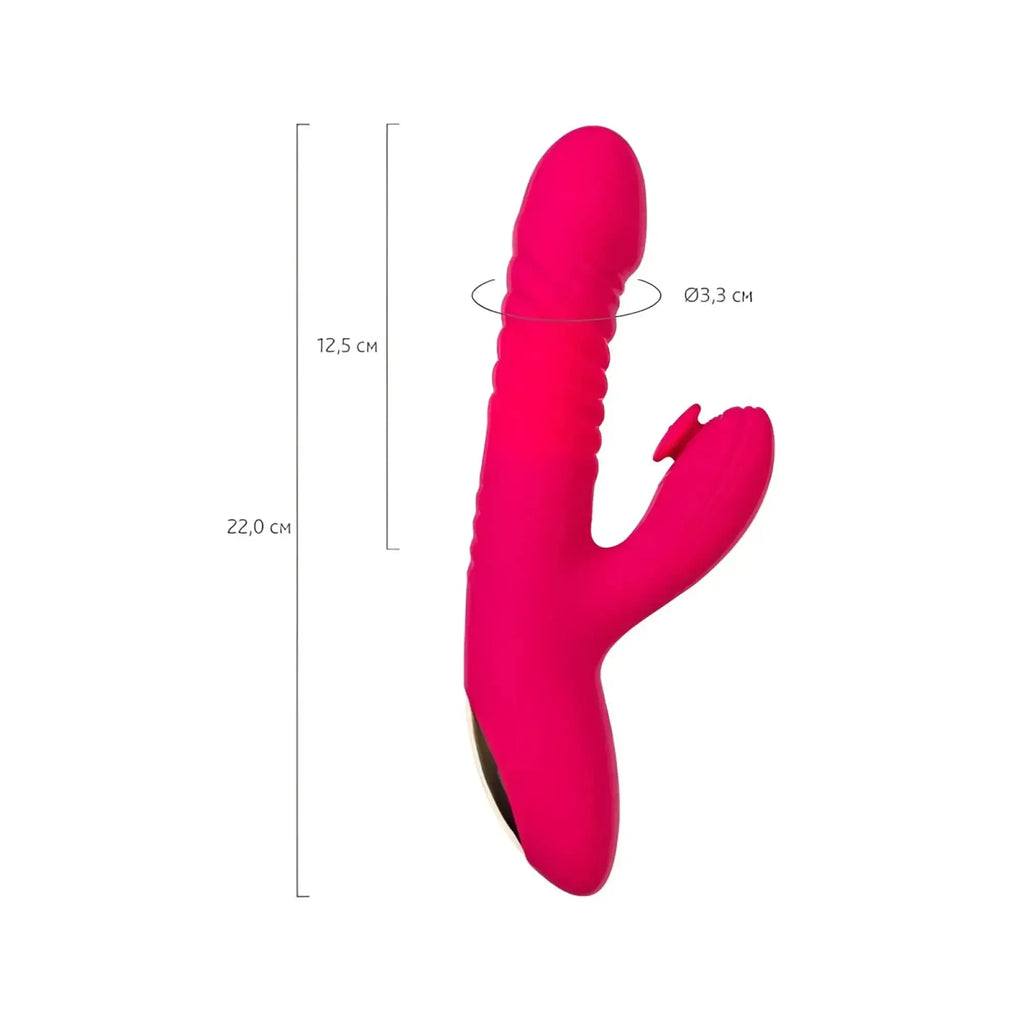 Vibrant pink silicone jos jos seri thrusting vibrator with textured shaft rounded head and clitoral stimulator pad