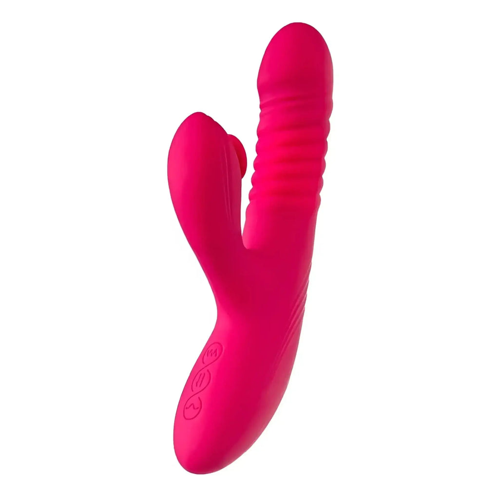 Vibrant pink silicone jos jos seri thrusting rabbit vibrator with textured ridges and three control buttons