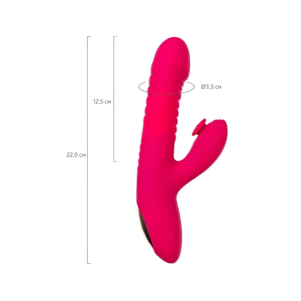 Vibrant pink silicone jos jos seri thrusting vibrator with textured shaft rounded head and clitoral stimulator pad