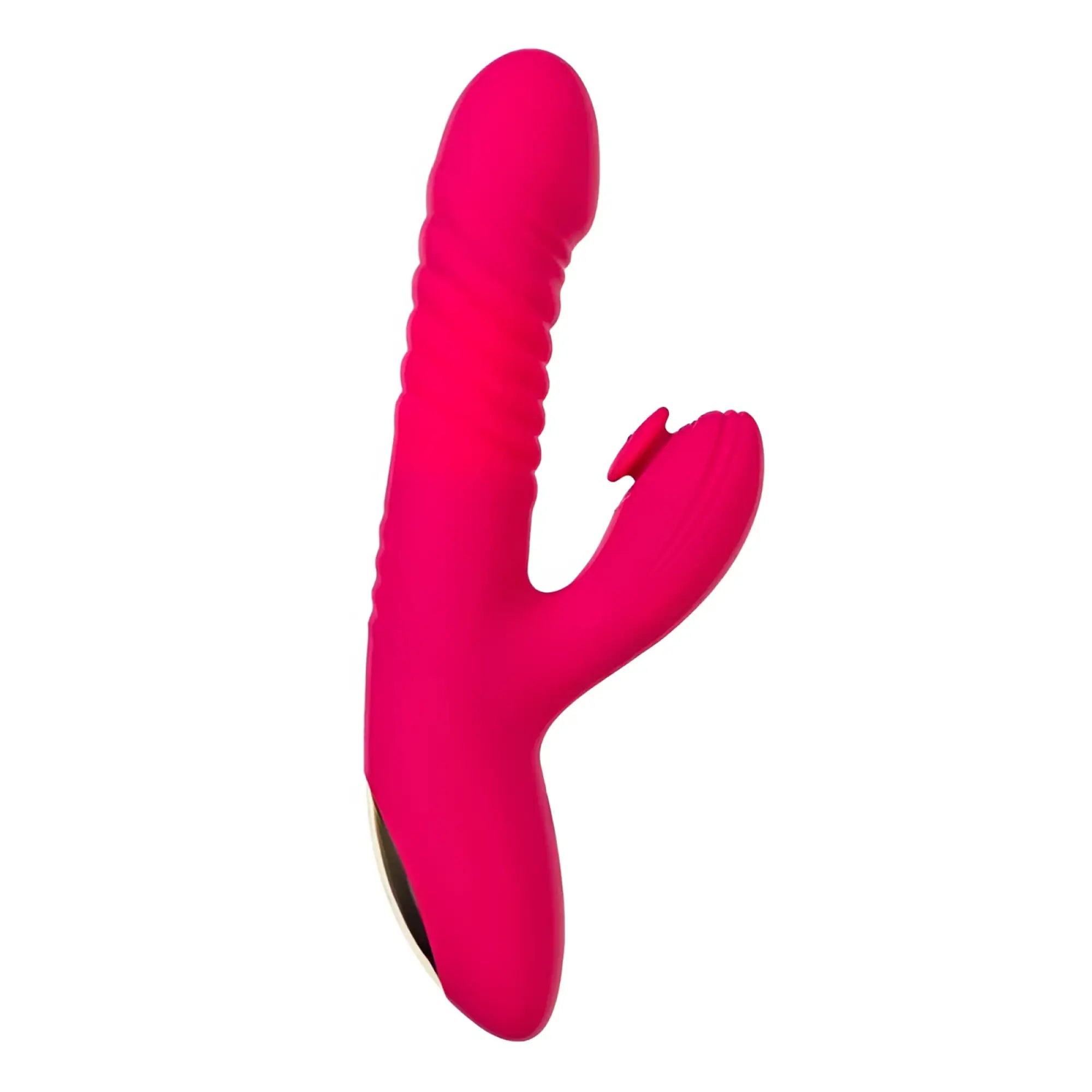 Vibrant pink silicone jos jos seri thrusting vibrator with textured shaft and rounded clitoral stimulator pad