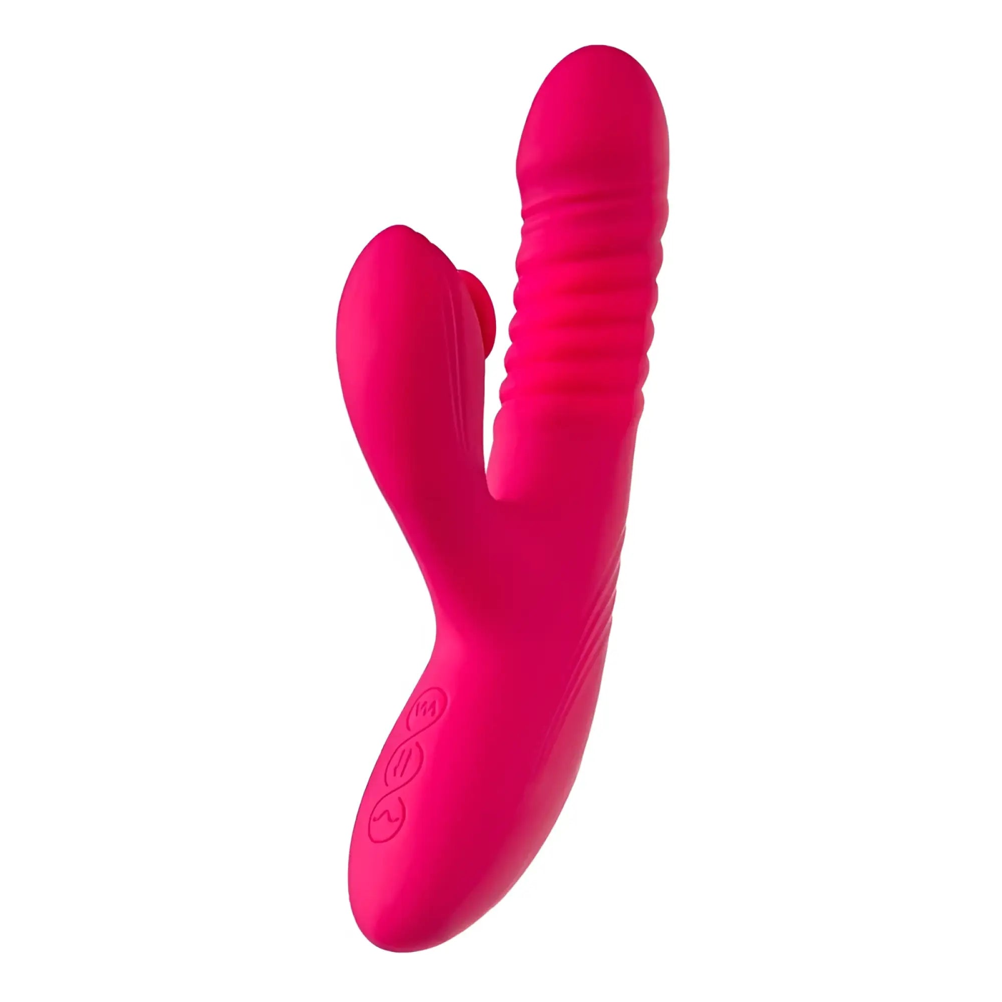 Vibrant pink silicone jos jos seri thrusting rabbit vibrator with textured ridges and three control buttons