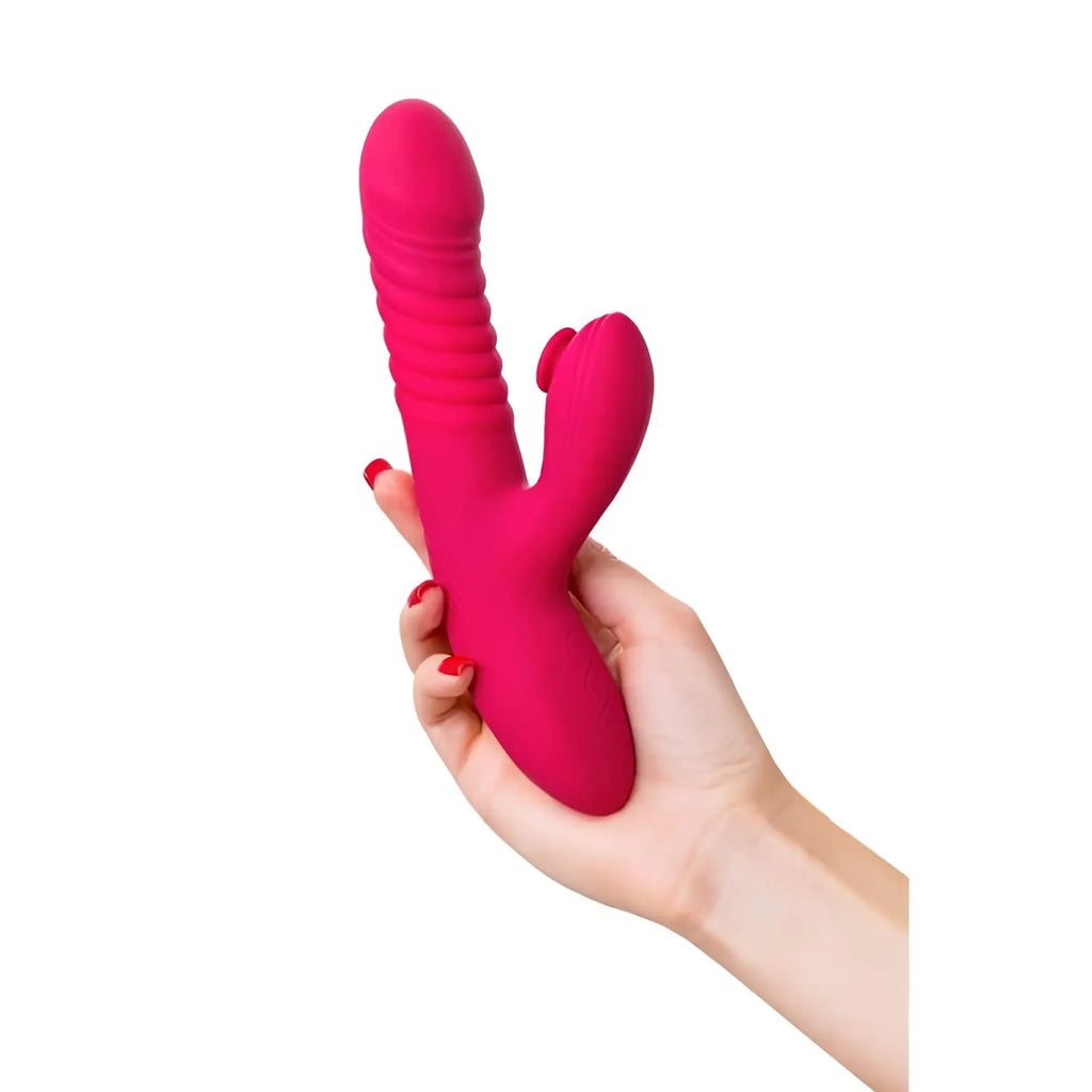 Vibrant pink silicone jos jos seri thrusting vibrator with clitoral stimulator pad and ribbed dual-ended design