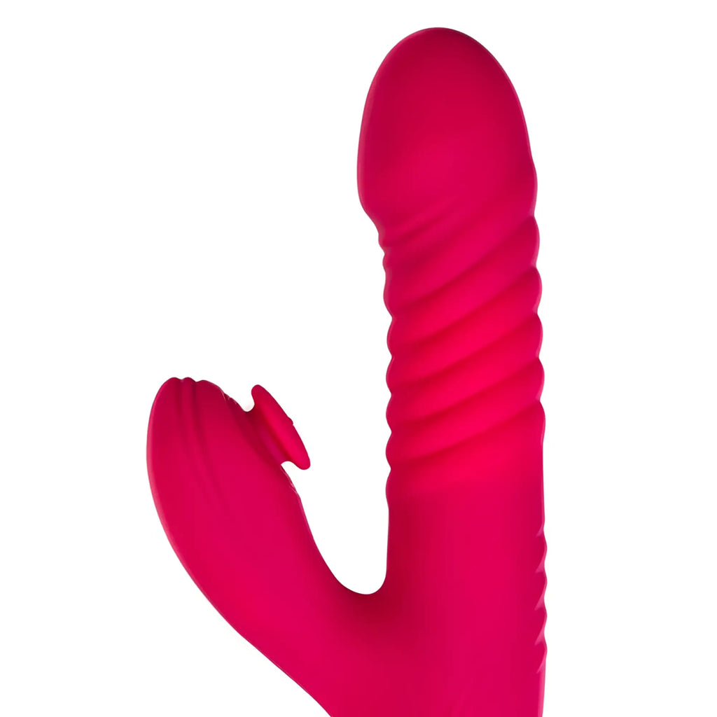 Vibrant pink silicone jos jos seri thrusting vibrator with ribbed shaft curved handle and clitoral stimulator pad