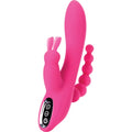 Bright pink silicone rabbit-shaped vibrator with beaded tail and control buttons from jos jos spanky triple stimulator