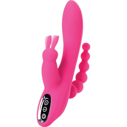 Bright pink silicone rabbit-shaped vibrator with beaded tail and control buttons from jos jos spanky triple stimulator