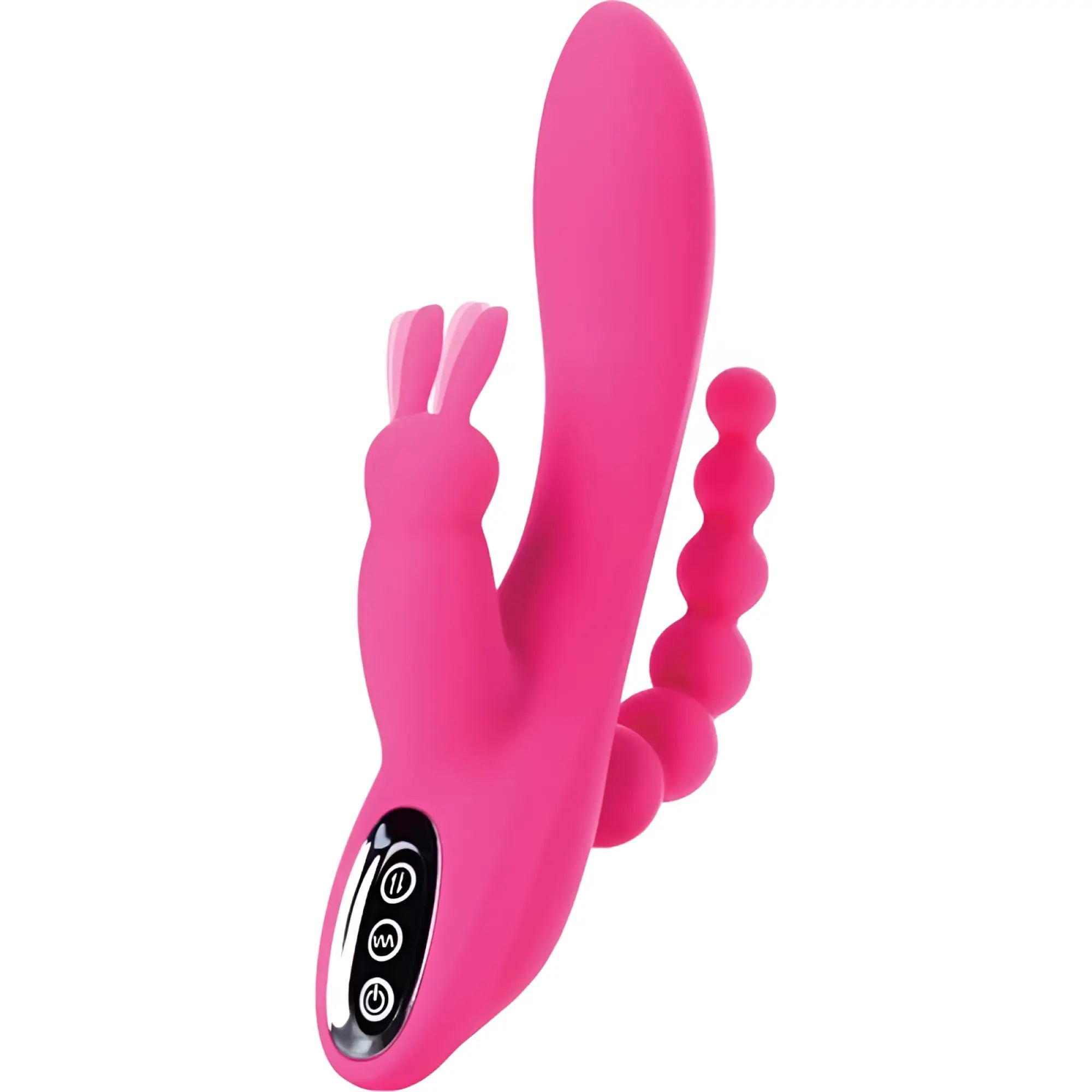 Bright pink silicone rabbit-shaped vibrator with beaded tail and control buttons from jos jos spanky triple stimulator