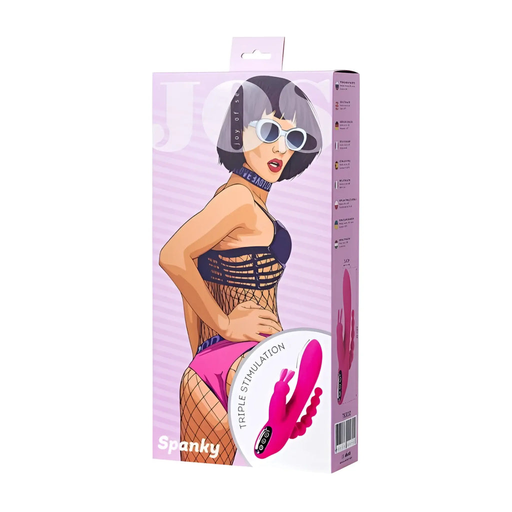 Pink jos jos spanky triple stimulator vibrator in branded packaging featuring triple stimulation design
