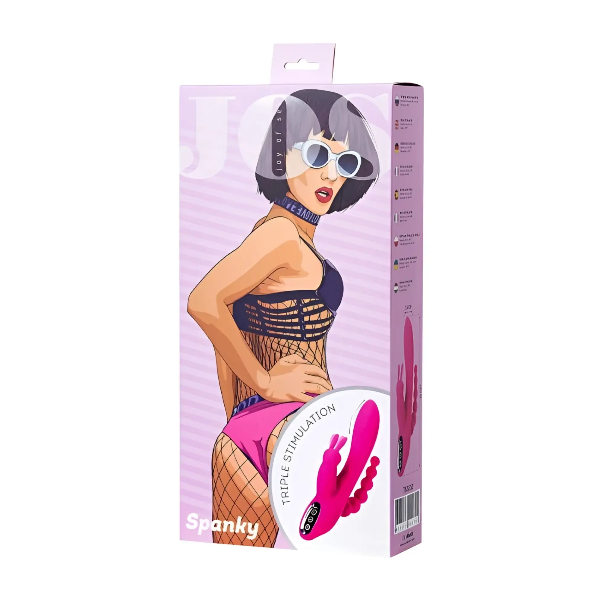 Pink jos jos spanky triple stimulator vibrator in branded packaging featuring triple stimulation design