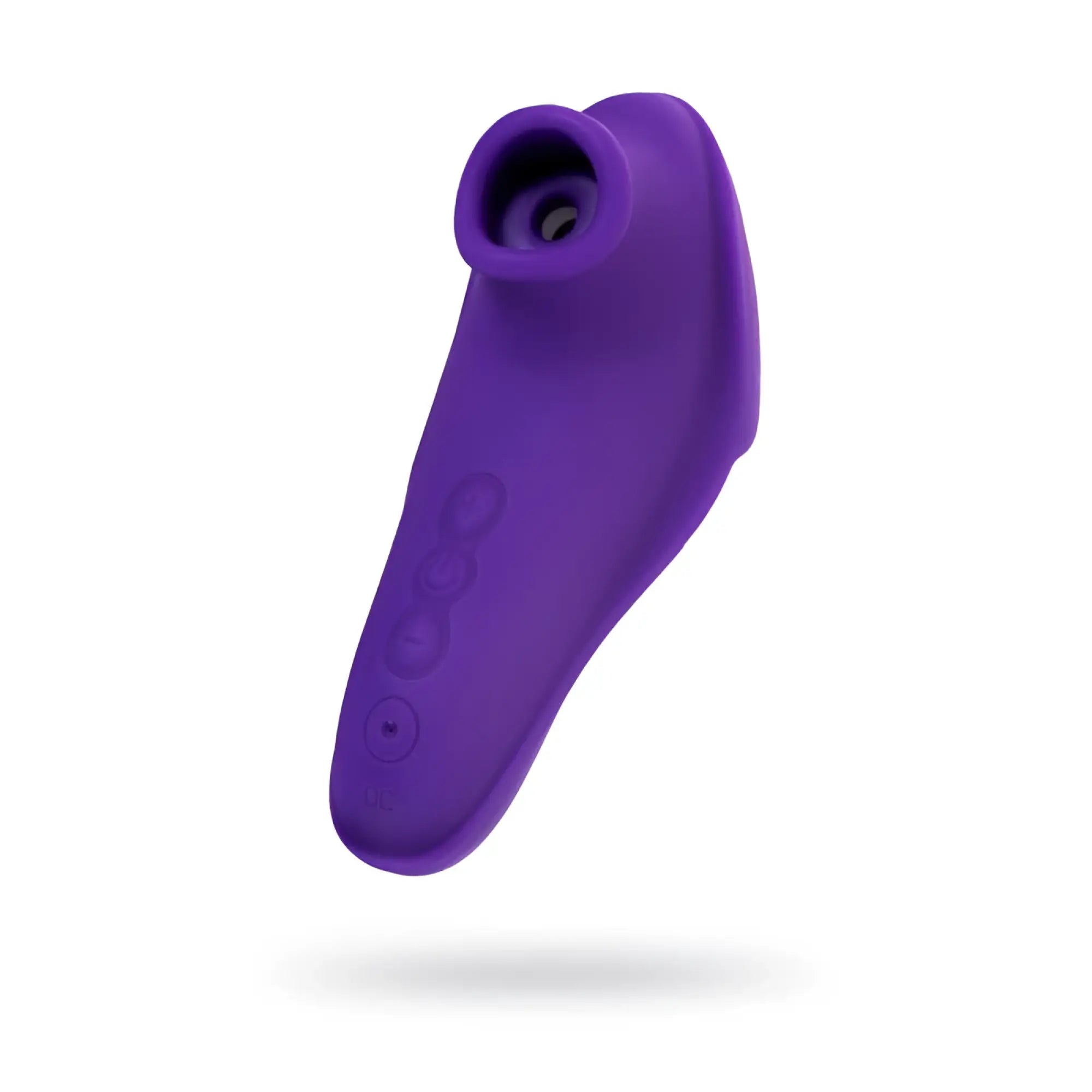 Purple silicone jos jos swizzy clitoral stimulator with curved ergonomic design and three circular side buttons