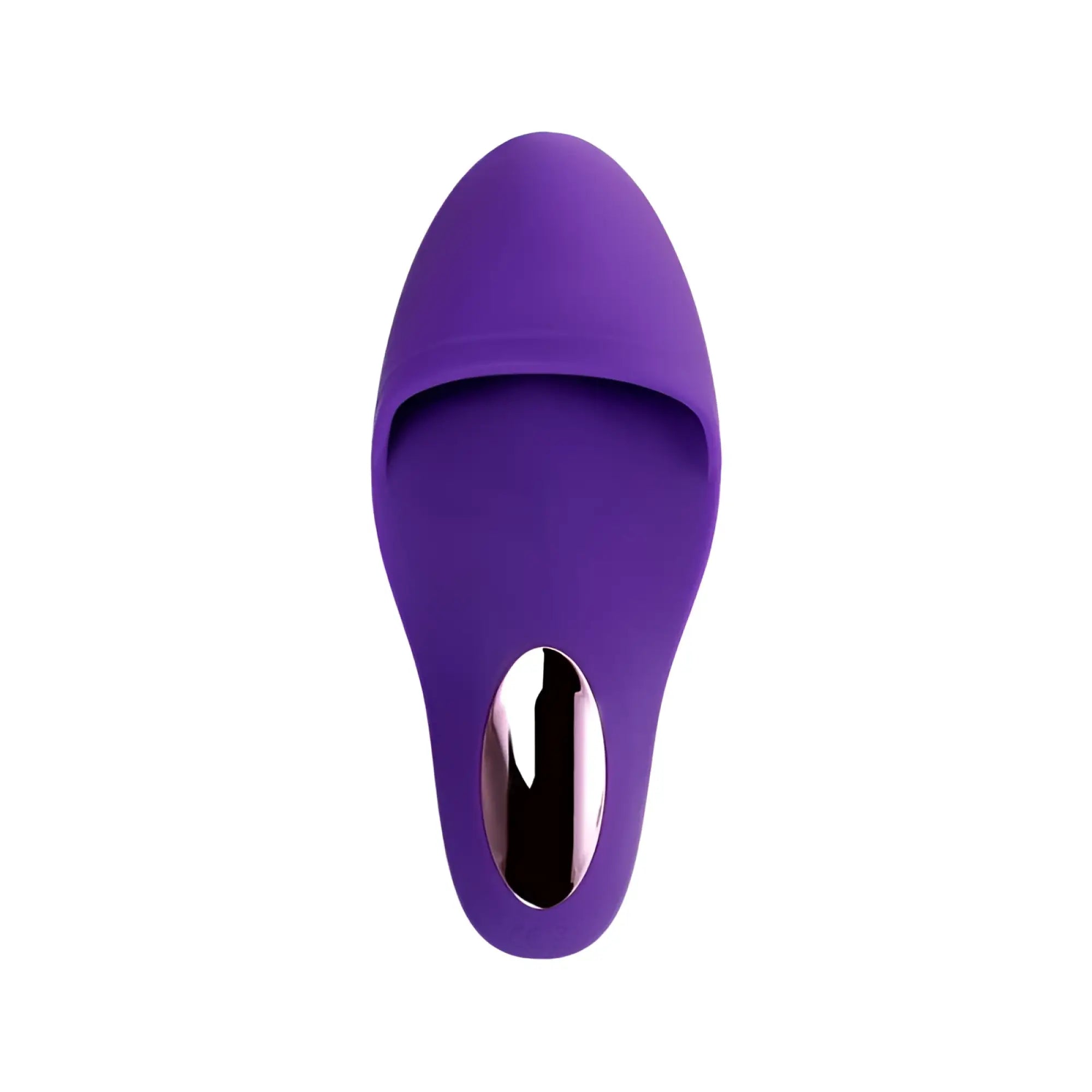 Purple silicone jos jos swizzy clitoral stimulator with sleek oval design and metallic silver button at center