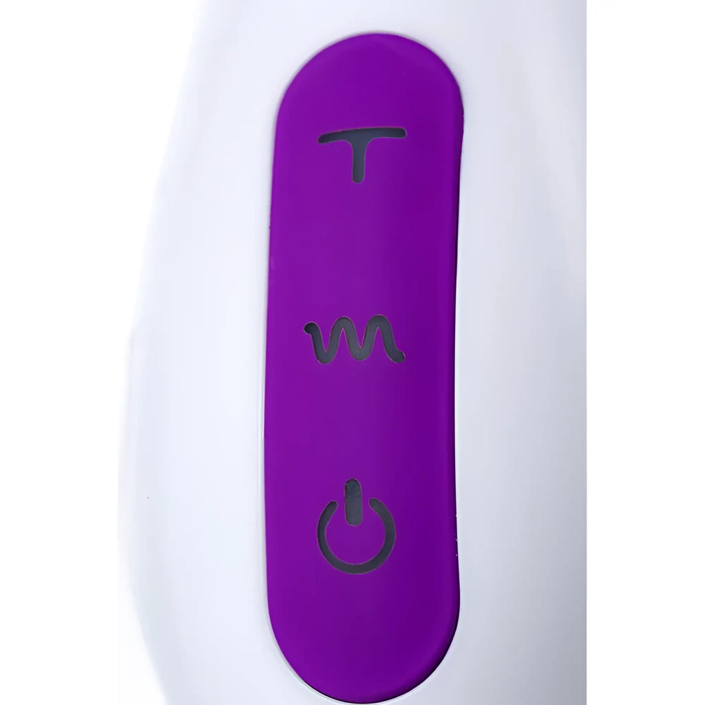 Purple silicone control panel of jos jos taty pulsating rabbit vibrator with black engraved mode wave and power symbols