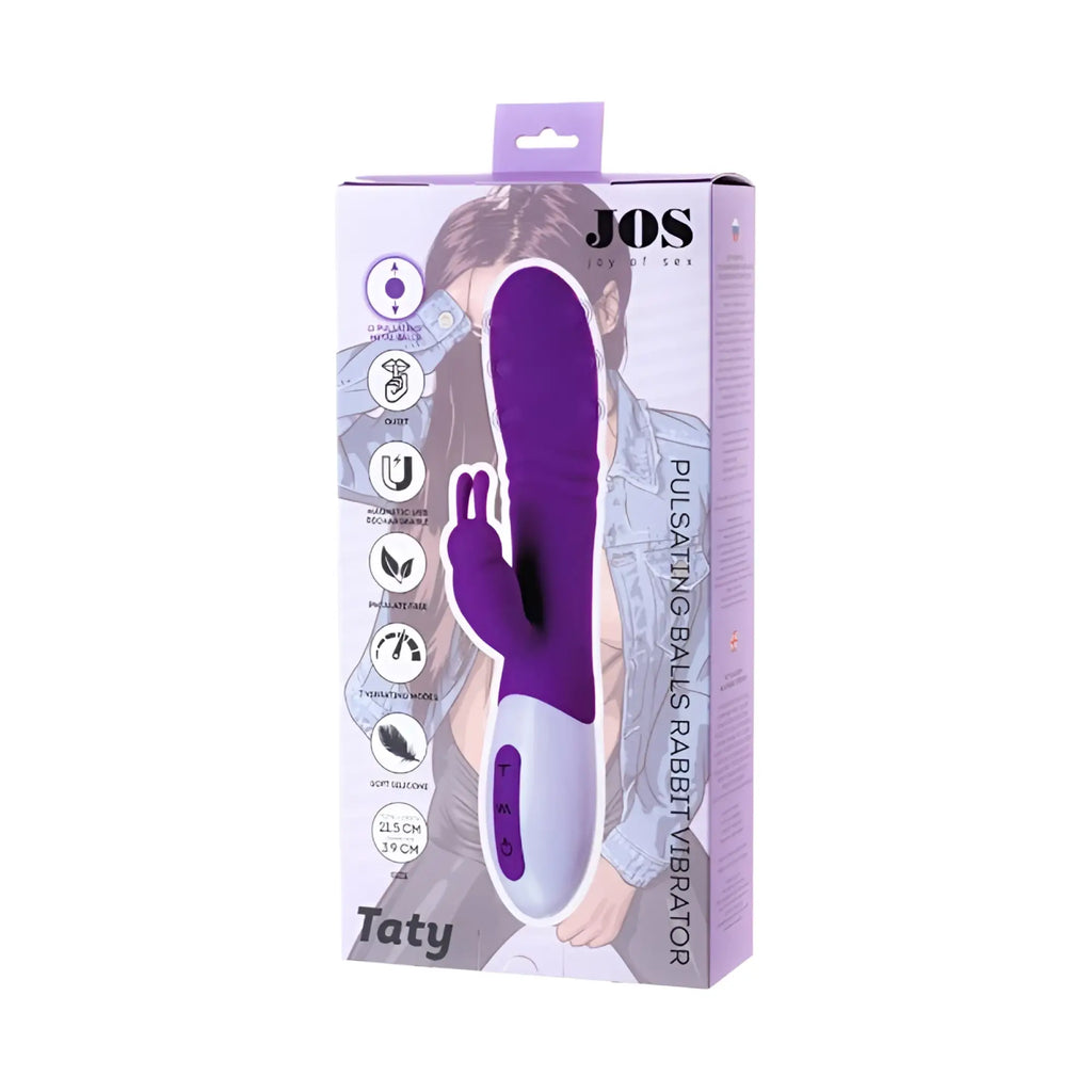 Purple and white pulsating rabbit vibrator by jos with soft silicone body and magnetic usb rechargeable design