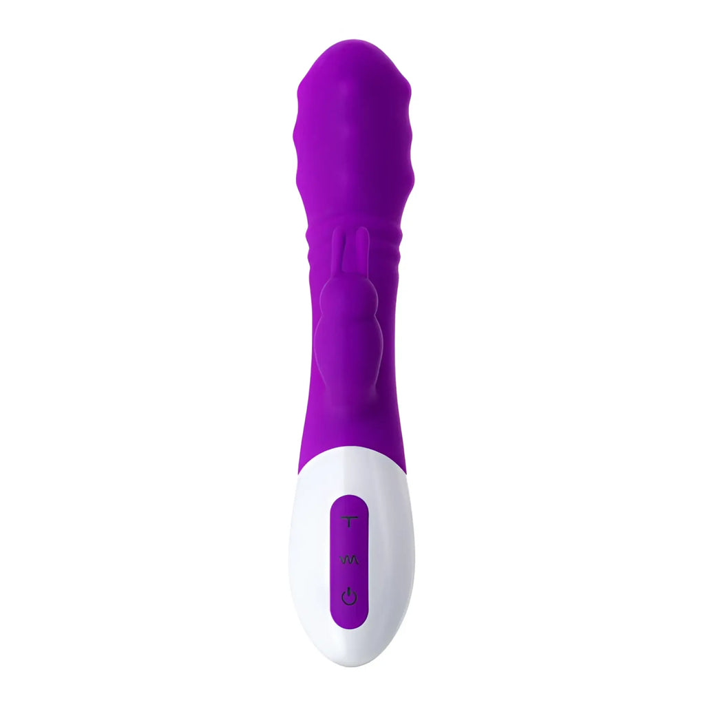 Purple and white bunny-shaped JOS JOS Taty pulsating rabbit vibrator with textured grip for enhanced control