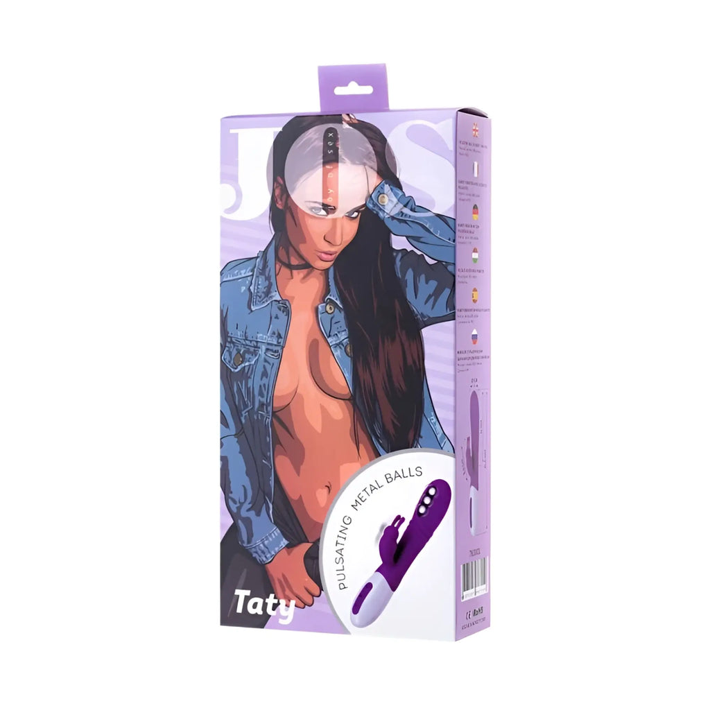 Purple and white pulsating metal balls vibrator in jos jos taty branded packaging for intimate pleasure use