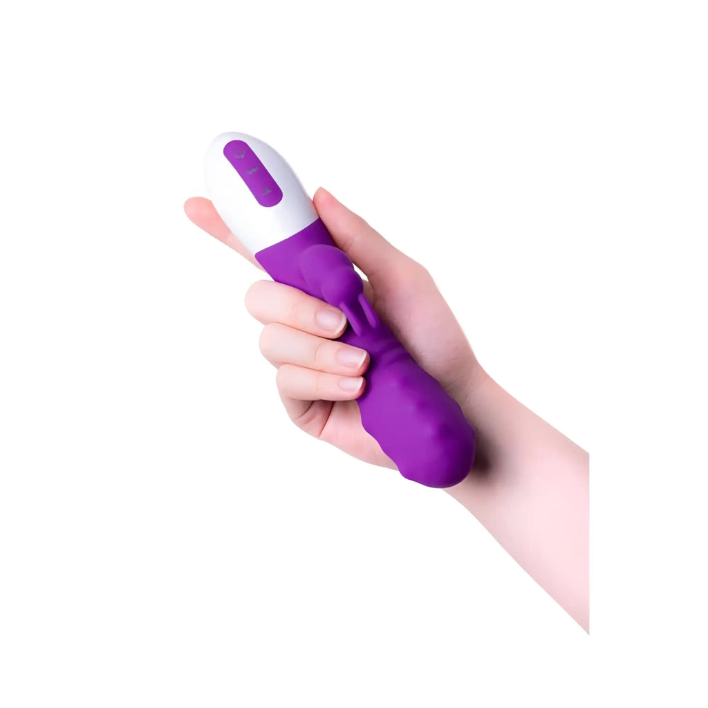 Purple and white silicone rabbit-shaped vibrator with smooth ergonomic design from JOS JOS Taty pulsating rabbit vibrator