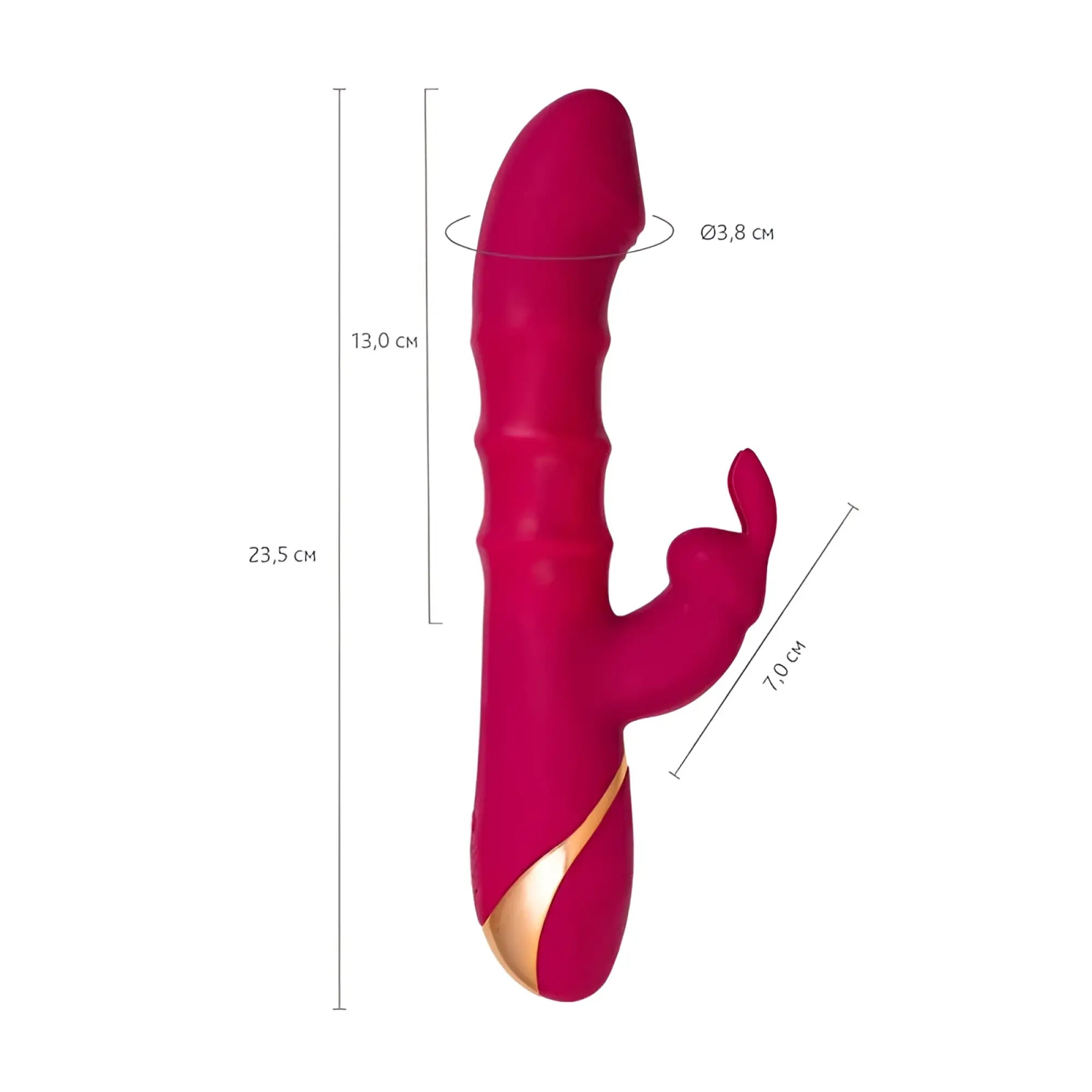 A vibrant fuchsia jos jos tenty rabbit vibrator with gold accent and textured ridges featuring moving shaft rings