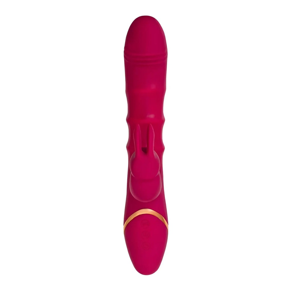 Vibrant fuchsia silicone jos jos tenty rabbit vibrator with moving shaft rings and gold accent ring near the base