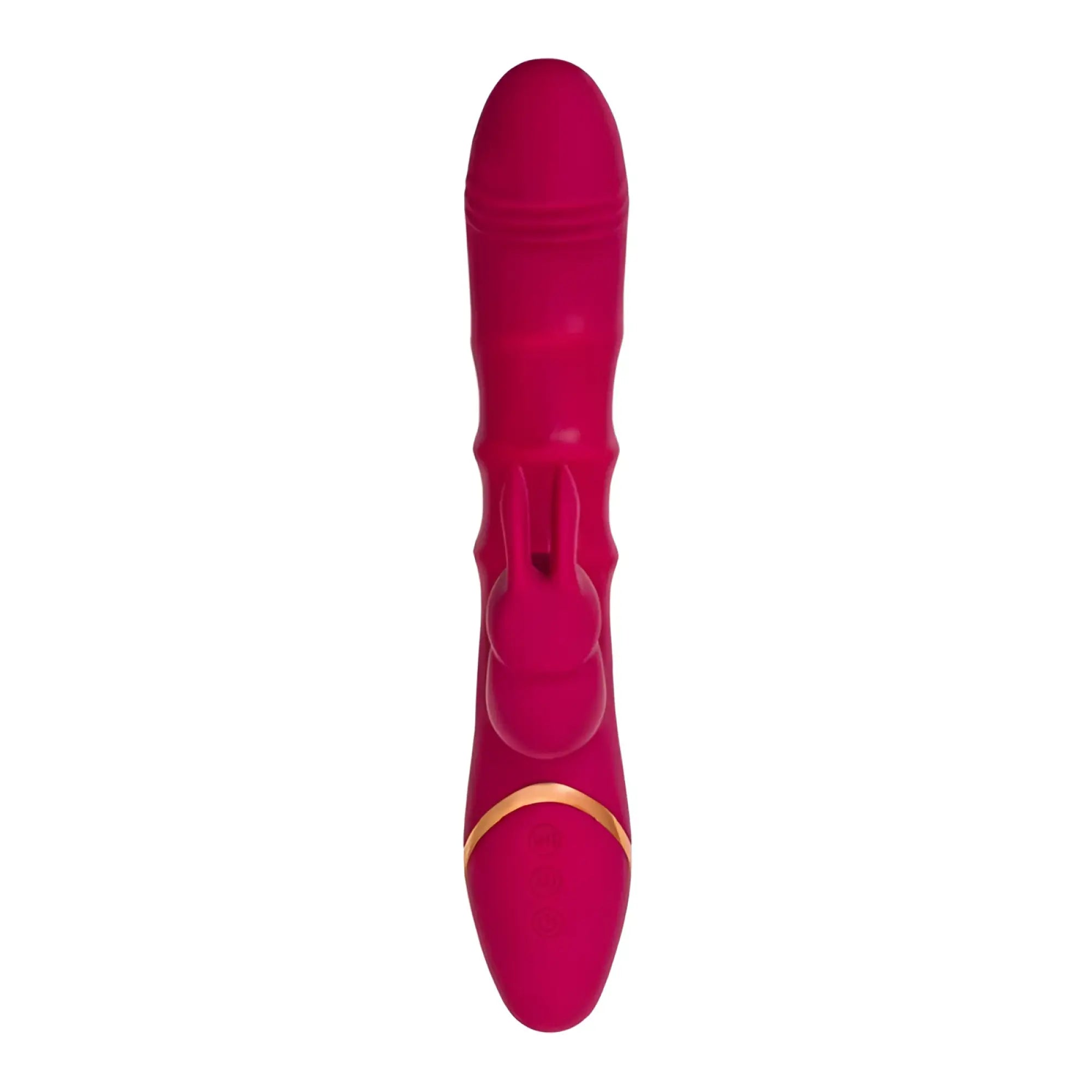 Vibrant fuchsia silicone jos jos tenty rabbit vibrator with moving shaft rings and gold accent ring near the base