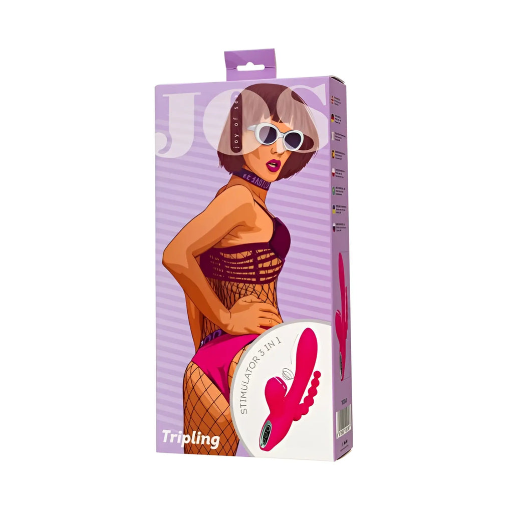 Pink silicone 3-in-1 vibrator with triple stimulation in purple and white jos jos tripling triple stimulator box