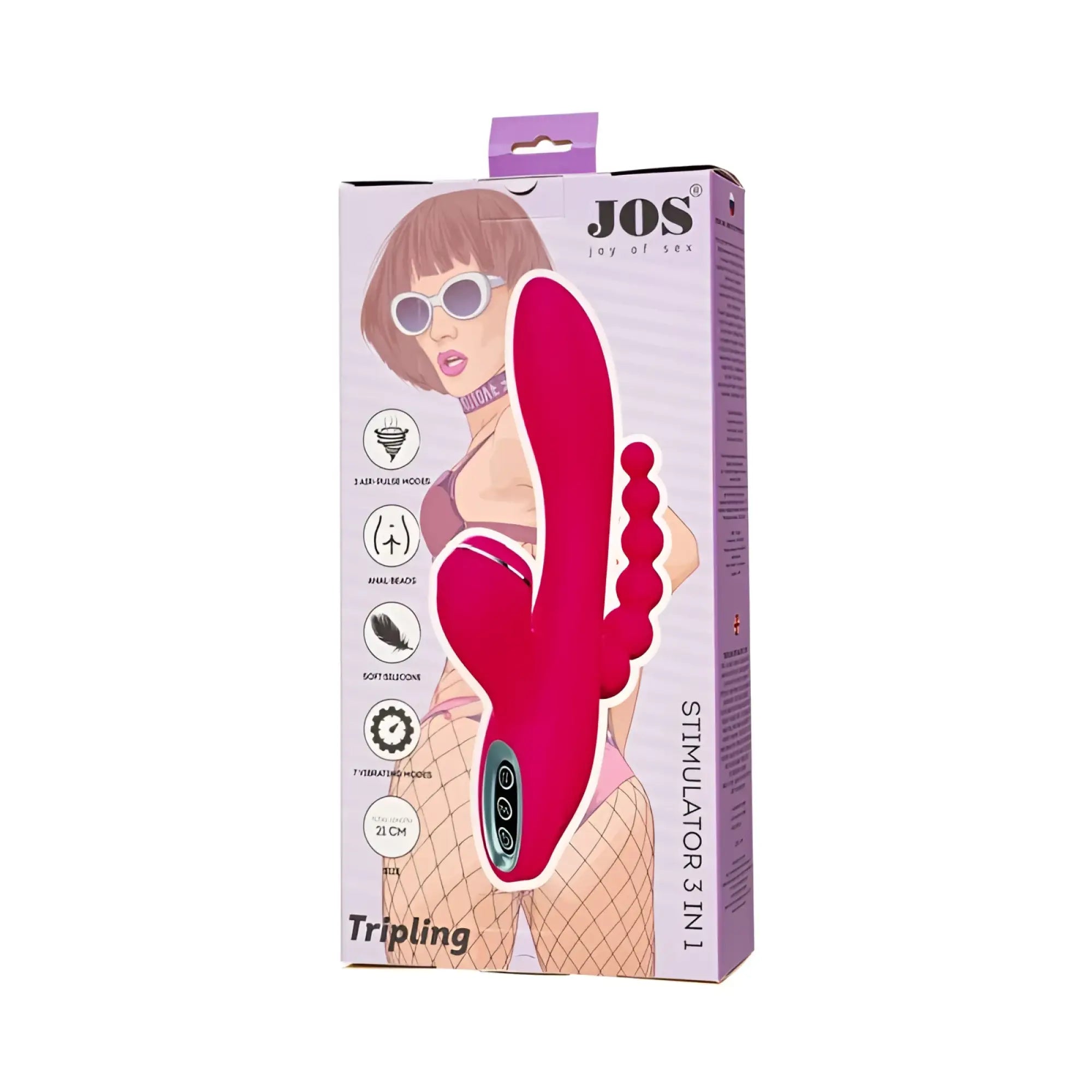 Vibrant pink silicone jos jos tripling triple stimulator with dual-textured heads and ergonomic 3-in-1 design